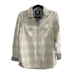 ROOTS Canada Flannel Buffalo Check Button Down Shirt Elbow Patches Grey Cream XS